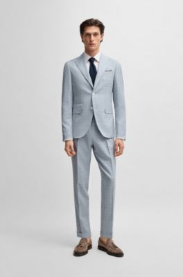 Slim-fit suit in checked wool, silk and linen, Light Blue