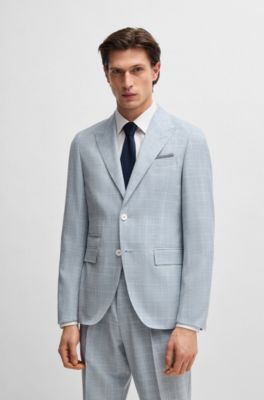 Slim-fit suit in checked wool, silk and linen, Light Blue