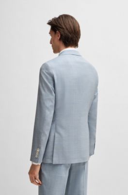 Slim-fit suit in checked wool, silk and linen, Light Blue