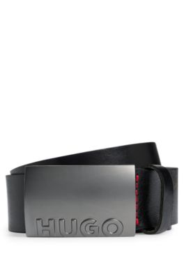 Italian-leather belt with plaque buckle, Black