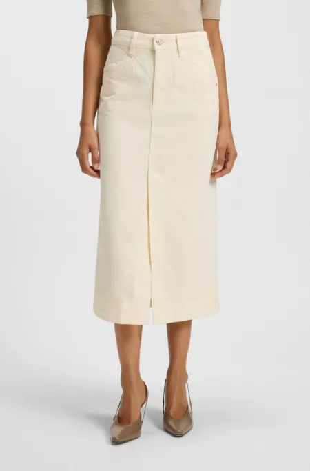 Off-white midi-length skirt in rigid denim