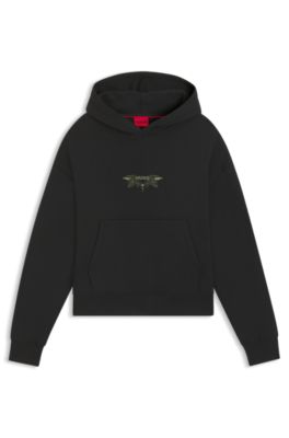 Embroidered-artwork hoodie in cotton terry, Black