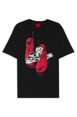 T-shirt en jersey de coton &agrave; motif boxe, Noir