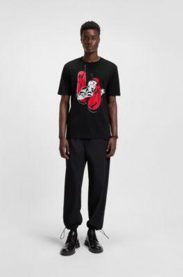 Camiseta de punto de algod&oacute;n con ilustraci&oacute;n de boxeo, Negro