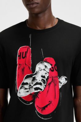 T-shirt en jersey de coton &agrave; motif boxe, Noir