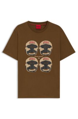 Camiseta de punto de algod&oacute;n con ilustraci&oacute;n de boxeo, Marr&oacute;n