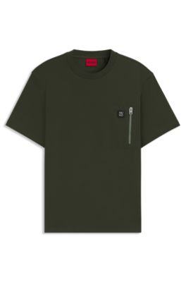 HUGO - Interlock-cotton T-shirt with zip pocket - Dark Green