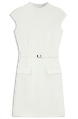 Vestido recto con bolsillos y detalle de cintur&oacute;n, Blanco