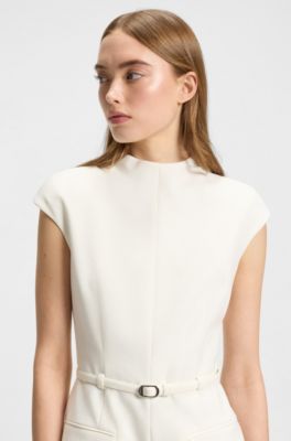 Vestido recto con bolsillos y detalle de cintur&oacute;n, Blanco