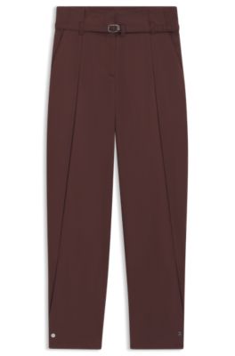 Pantalones tapered fit en sarga de algod&oacute;n con cintur&oacute;n, Marr&oacute;n oscuro