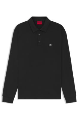 Covered-placket sweatshirt in a polo style, Black