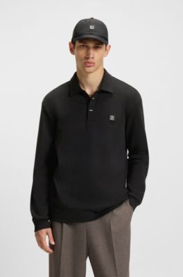Covered-placket sweatshirt in a polo style, Black