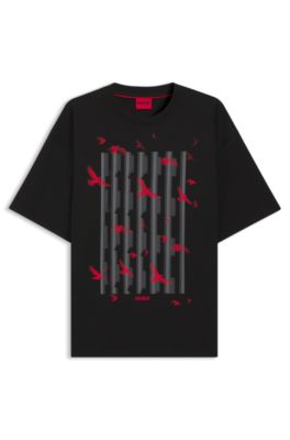Camiseta de punto de algod&oacute;n con ilustraci&oacute;n de ave, Negro