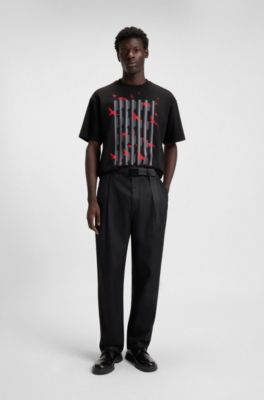 Camiseta de punto de algod&oacute;n con ilustraci&oacute;n de ave, Negro