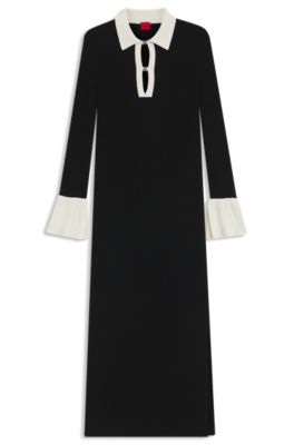 Knitted tube dress with logo keyhole placket, Black