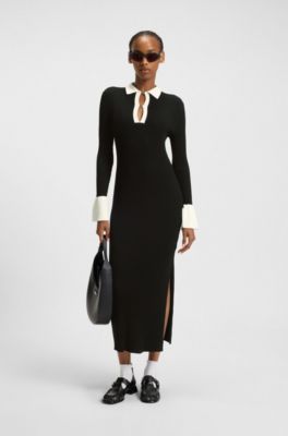 Knitted tube dress with logo keyhole placket, Black