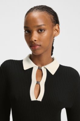 Vestido tubo de punto con tapeta de ojo de cerradura y logo apilado, Negro