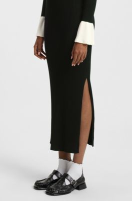 Vestido tubo de punto con tapeta de ojo de cerradura y logo apilado, Negro
