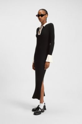 Vestido tubo de punto con tapeta de ojo de cerradura y logo apilado, Negro