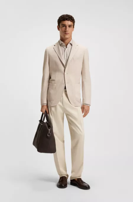 Regular-fit patterned blazer with linen and cotton