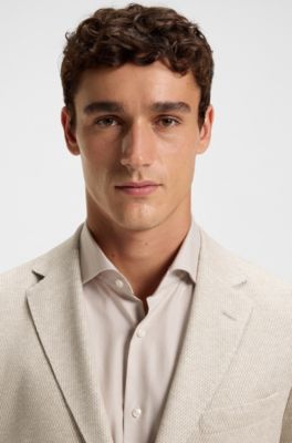 Regular-fit patterned blazer with linen and cotton, White