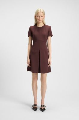 Pleat-front dress with short sleeves, Dark Brown