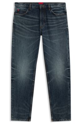 Jean Tapered en denim stone-washed bleu, Bleu