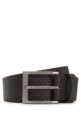 Leather belt with woven effect, Dark Brown
