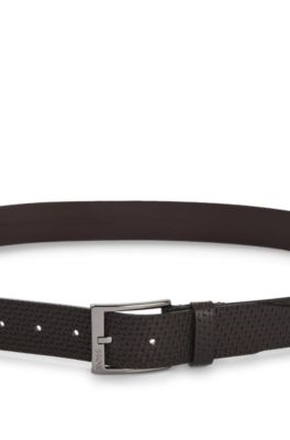 Leather belt with woven effect, Dark Brown