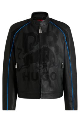 HUGO x RB slim-fit leather jacket with mesh logo, Black