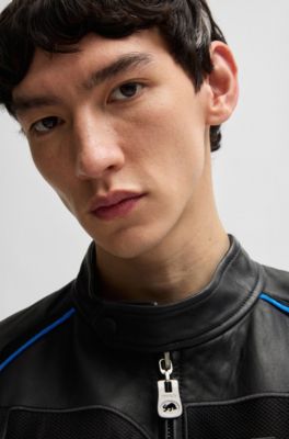 HUGO x RB slim-fit leather jacket with mesh logo, Black