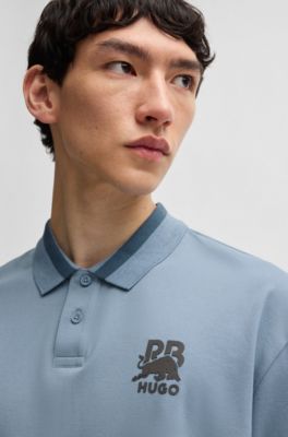 HUGO x RB stretch-cotton polo shirt with carbon stealth logo, Blue