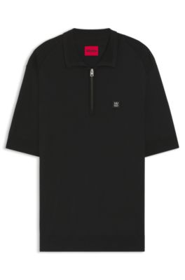 Zip-neck knit polo with jacquard details, Black