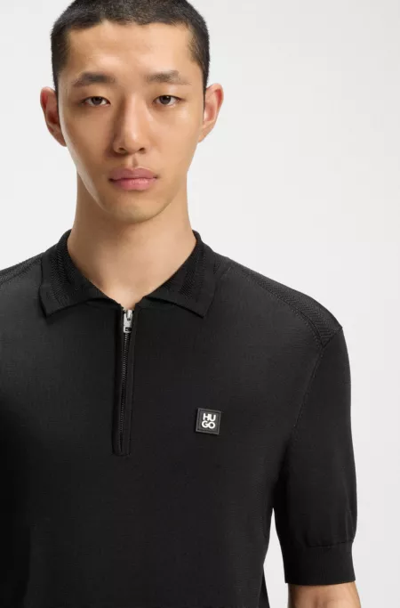 Zip-neck knit polo with jacquard details