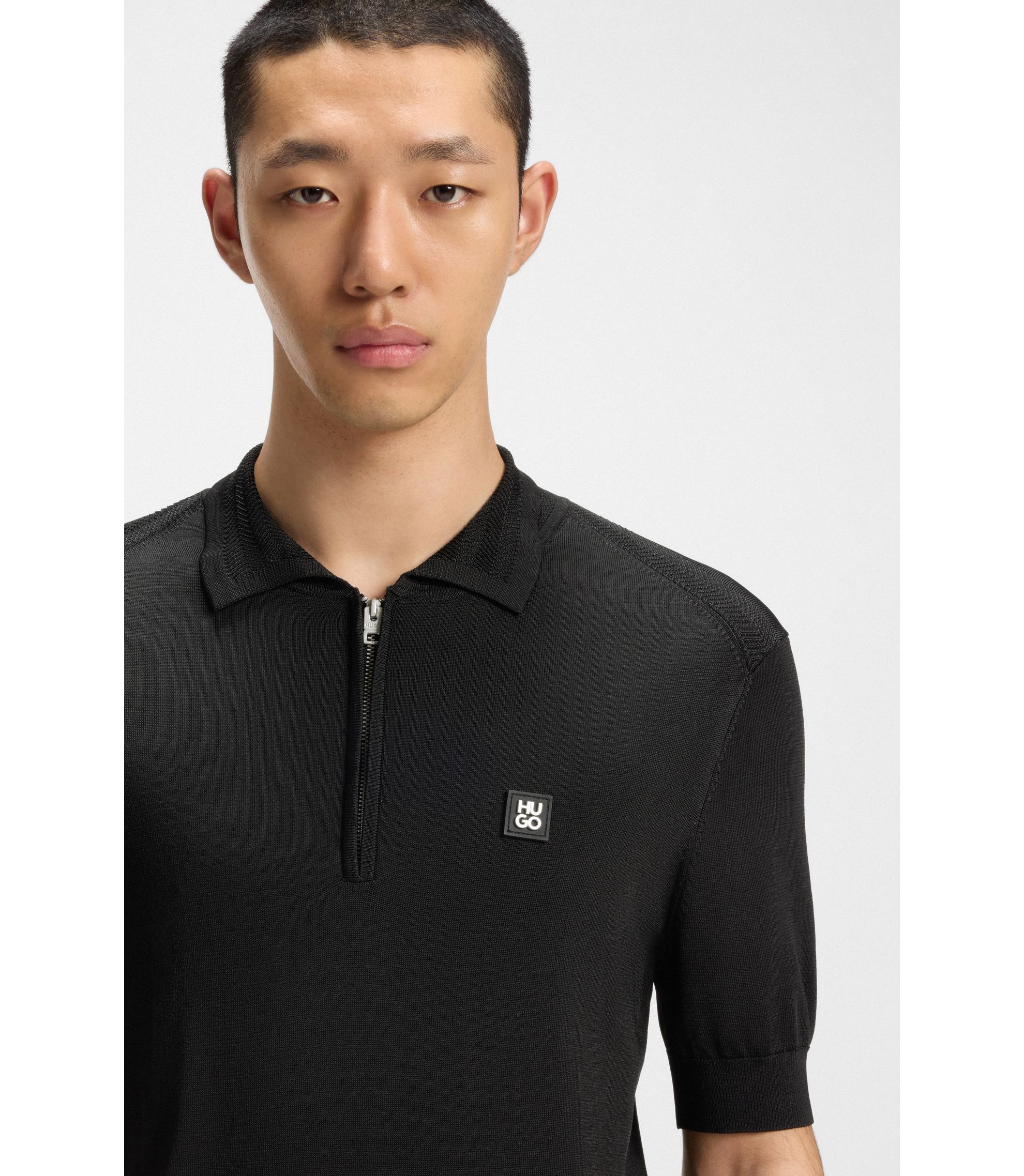 HUGO - Zip-neck knit polo with jacquard details - Black