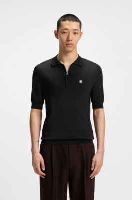 Polo de punto con cremallera en el cuello y detalles en jacquard, Negro
