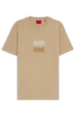 HUGO - Cotton-jersey T-shirt with split-logo print - Beige