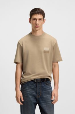 Camiseta relaxed fit de algod&oacute;n con logos en dos partes, Beige