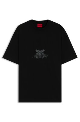 Camiseta de punto de algod&oacute;n con logos de estilo universitario, Negro