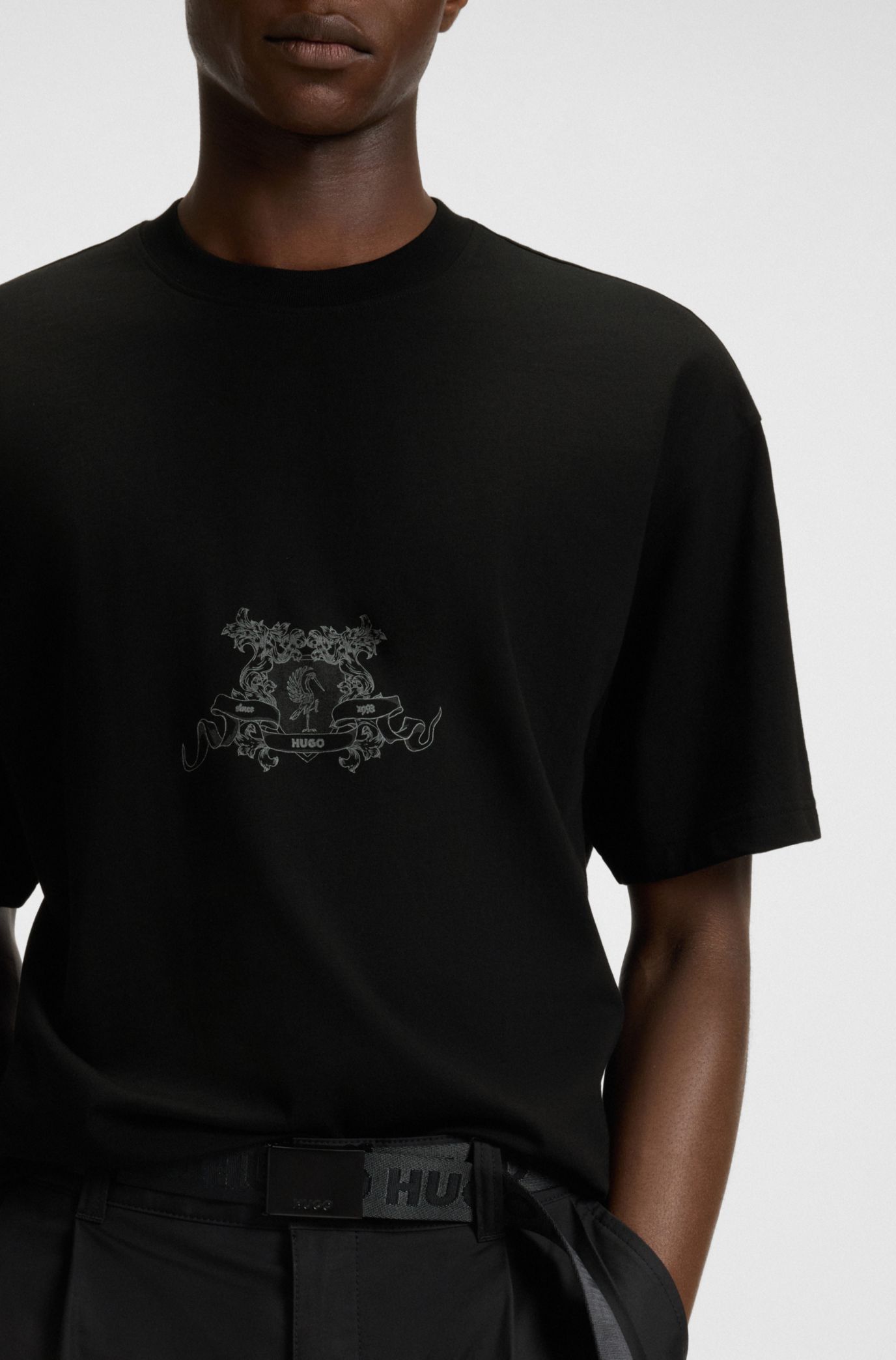 HUGO - Collegiate-artwork T-shirt in cotton jersey - Black