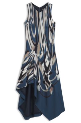 Asymmetric-hem dress in printed twill, Patterned