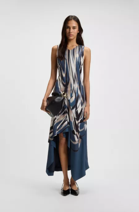 Asymmetric-hem dress in printed twill