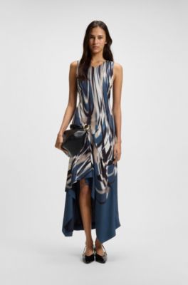 Vestido de sarga con estampado y bajo asim&eacute;trico, Fantas&iacute;a