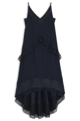 Vestido de sat&eacute;n a capas con apliques de seda, Azul oscuro