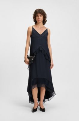 Vestido de sat&eacute;n a capas con apliques de seda, Azul oscuro