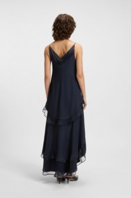 Vestido de sat&eacute;n a capas con apliques de seda, Azul oscuro