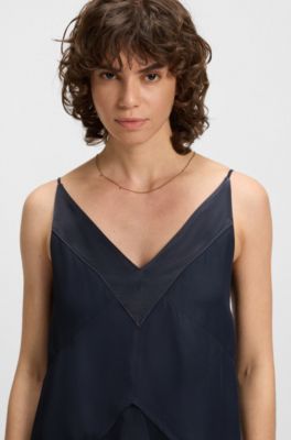 Vestido de sat&eacute;n a capas con apliques de seda, Azul oscuro