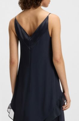 Vestido de sat&eacute;n a capas con apliques de seda, Azul oscuro