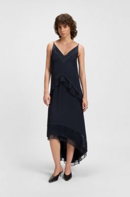 Vestido de sat&eacute;n a capas con apliques de seda, Azul oscuro