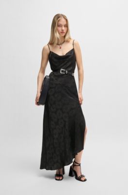 Floral-jacquard dress with asymmetric hem, Black